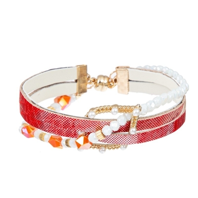 18.5cm trançou o bracelete de couro com o botão magnético Multilayer dos grânulos