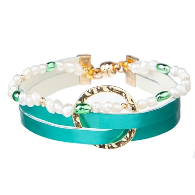 Bracelete de couro feito a mão do azul de água-marinha do vintage geométrico para o partido