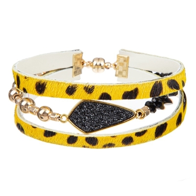 Bracelete de couro feito a mão de Druzy, bracelete magnético do envoltório do leopardo do botão para mulheres