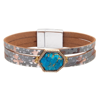 O bracelete de couro da curvatura magnética boêmia do estilo ajustado com zircão deixa cair a turquesa dada forma