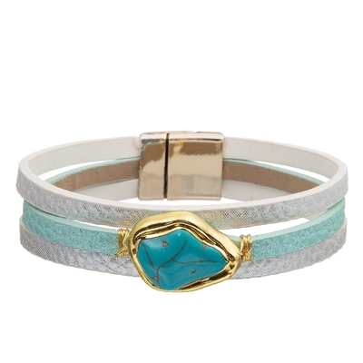 O bracelete de couro da curvatura magnética boêmia do estilo ajustado com zircão deixa cair a turquesa dada forma