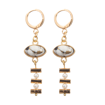 Os brincos da aro do esmalte da curvatura da corrente ajustados com ouro chapearam a turquesa oval 2 pérolas