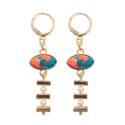 Os brincos da aro do esmalte da curvatura da corrente ajustados com ouro chapearam a turquesa oval 2 pérolas