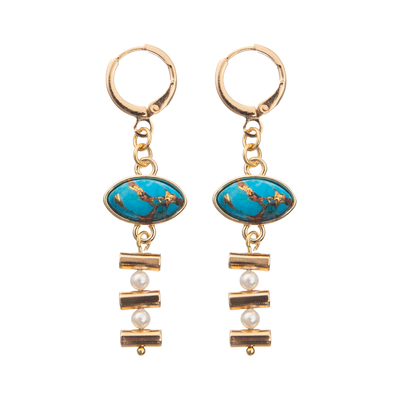 Os brincos da aro do esmalte da curvatura da corrente ajustados com ouro chapearam a turquesa oval 2 pérolas