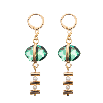 Os brincos da aro do esmalte da curvatura da corrente ajustados com ouro chapearam a turquesa oval 2 pérolas