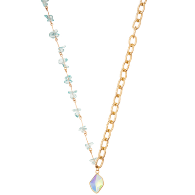 Pedra preciosa folheado a ouro frisada multicolorido do elo de corrente 14K/colar pendente da pérola/turquesa