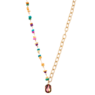 Pedra preciosa folheado a ouro frisada multicolorido do elo de corrente 14K/colar pendente da pérola/turquesa