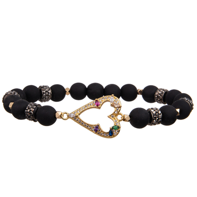 Braceletes feitos a mão strechy dos grânulos do melhor preto do presente do dia de Valentim com coração do zircão e espaçador do ouro