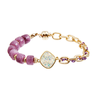 bracelete de pedra 6*8mm frisado elástico com a corrente chapeada ouro
