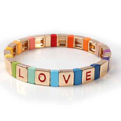 Elástico do bracelete da telha do esmalte da carta de amor da cor do ouro para o partido da praia