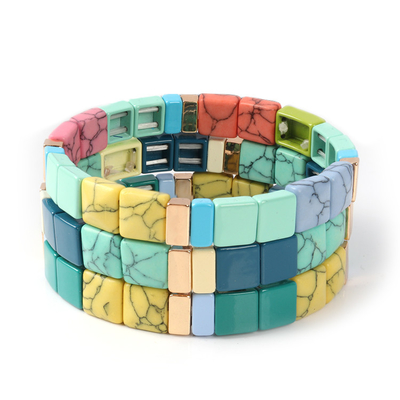 Cor de pedra natural elástica dada forma quadrado da cópia do bracelete do grânulo da telha do esmalte