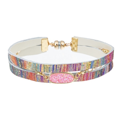 Bracelete de couro feito a mão do arco-íris de Boêmia, punho de couro do envoltório 15g