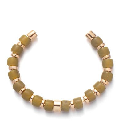 Verde amarelo escuro de 304 pulseira de aço inoxidável do grânulo de vidro com furo grande