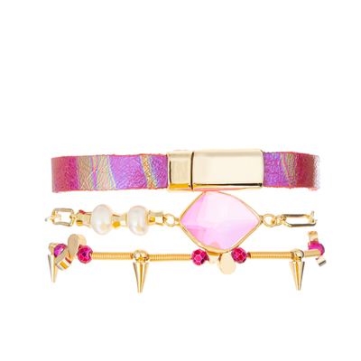 a pilha frisada elástica clara do bracelete de 0.7mm ajustou o material de cristal de couro cor-de-rosa quente do zircão