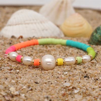 Bracelete de água doce da pérola do estilo de Boêmia, polímero multicolorido Clay Bracelets do arco-íris