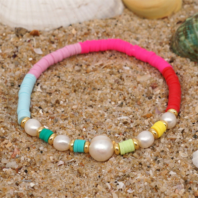 Bracelete de água doce da pérola do estilo de Boêmia, polímero multicolorido Clay Bracelets do arco-íris