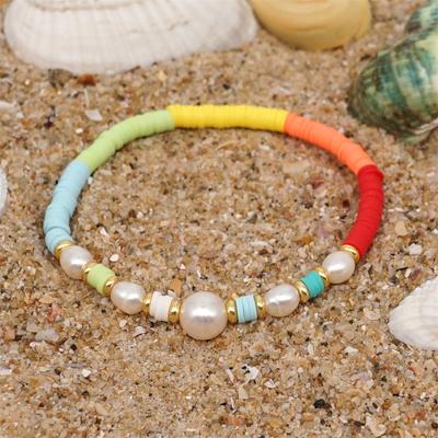Bracelete de água doce da pérola do estilo de Boêmia, polímero multicolorido Clay Bracelets do arco-íris