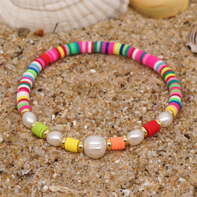 Bracelete de água doce da pérola do estilo de Boêmia, polímero multicolorido Clay Bracelets do arco-íris