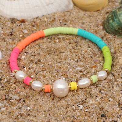 Bracelete de água doce da pérola do estilo de Boêmia, polímero multicolorido Clay Bracelets do arco-íris