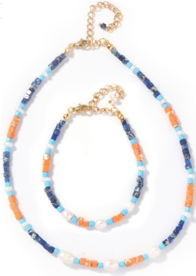 16&quot; bracelete de água doce da pérola do comprimento com a pedra alaranjada esquadrada da veia azul de Lapid