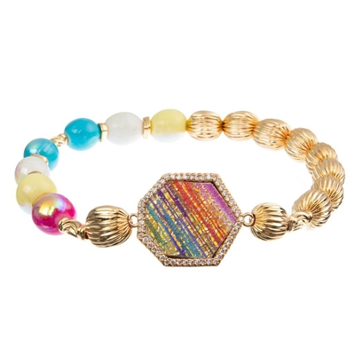 Bracelete de couro feito a mão da joia 15g do KC, bracelete do grânulo do arco-íris de 8mm