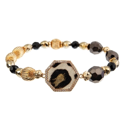 do ouro de couro feito a mão do bracelete 18.5cm do grânulo de 10mm leopardo preto e branco malogrado