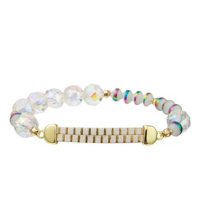 Braceletes de couro feitos a mão estriados do ouro branco com Crystal And Rainbow Resin Beads claro