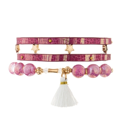 Bracelete do couro do vintage do poder do rosa da menina com a borla branca feito a mão