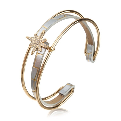 Mão do encanto da estrela do ouro do zircão - punho aberto tecido da pulseira de couro para a mulher