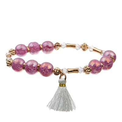 Bracelete do couro do vintage do poder do rosa da menina com a borla branca feito a mão