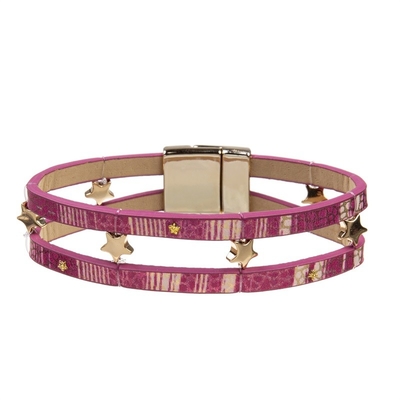 Bracelete do couro do vintage do poder do rosa da menina com a borla branca feito a mão
