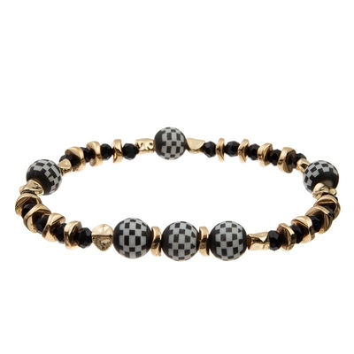 Bracelete de couro feito a mão do estilo punk fresco com a bola do teste padrão do tabuleiro de damas da corrente do ouro
