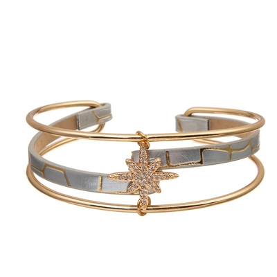 Mão do encanto da estrela do ouro do zircão - punho aberto tecido da pulseira de couro para a mulher