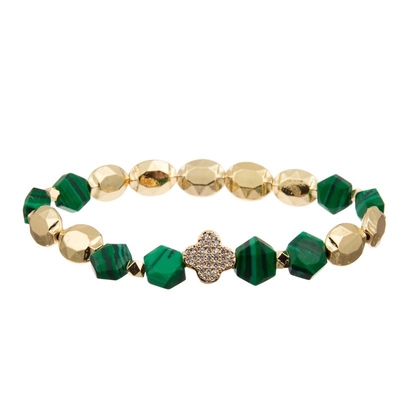 A malaquite elástico perla o bracelete do encanto da folha do zircão com corrente do ouro