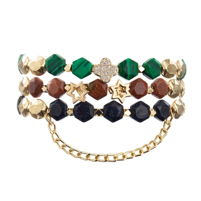 A malaquite elástico perla o bracelete do encanto da folha do zircão com corrente do ouro