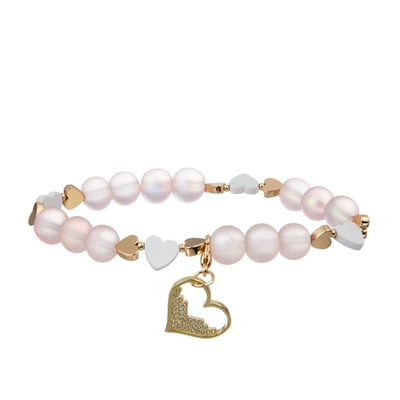 Bracelete frisado delicado elegante da menina do rosa ajustado com o pendente do coração do ouro