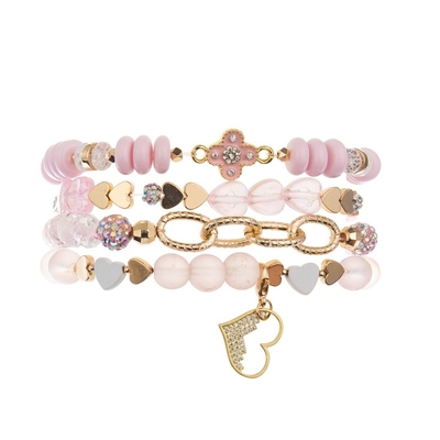 Bracelete frisado delicado elegante da menina do rosa ajustado com o pendente do coração do ouro