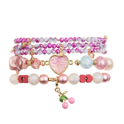 Crystal Handmade Beads Bracelet Faceted de vidro com Cherry Charm cor-de-rosa
