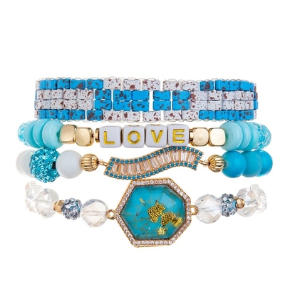 Turquesa azul Tila pintado perla o bracelete feito a mão dos grânulos ajustável para a mulher