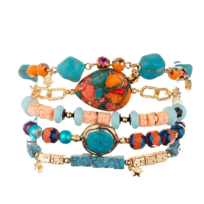 Elástico frisado de pedra natural do bracelete de turquesa da borda do ouro personalizado para mulheres