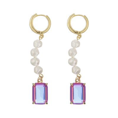 Ouro de aço inoxidável de Crystal Stone Hoop Earrings Retangular do pendente da pérola chapeado